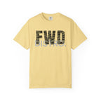 Butter heavyweight cotton t-shirt with "FWD DISTRO" tiger stripe graphic and relaxed fit, durable double-needle stitching.