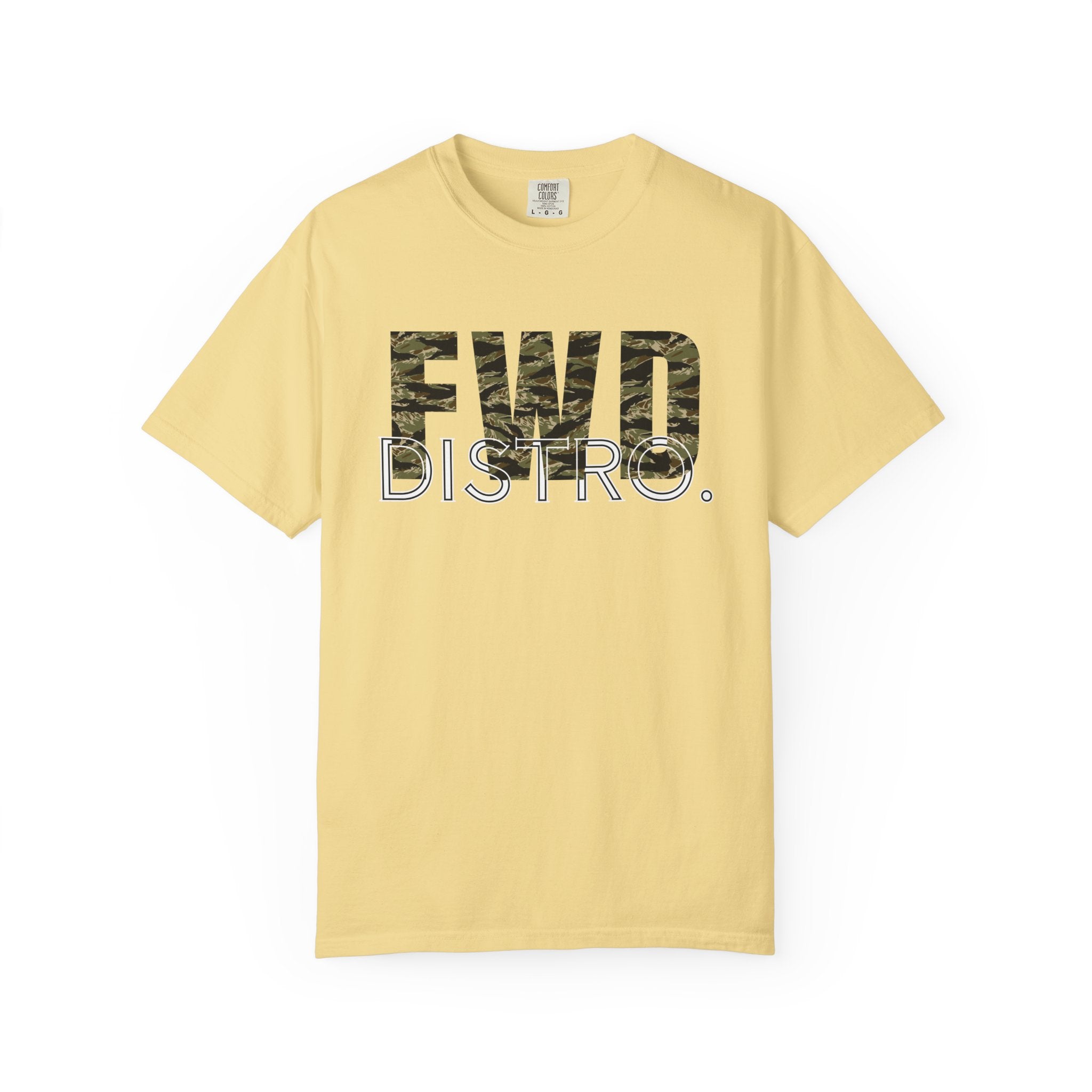 Butter heavyweight cotton t-shirt with "FWD DISTRO" tiger stripe graphic and relaxed fit, durable double-needle stitching.