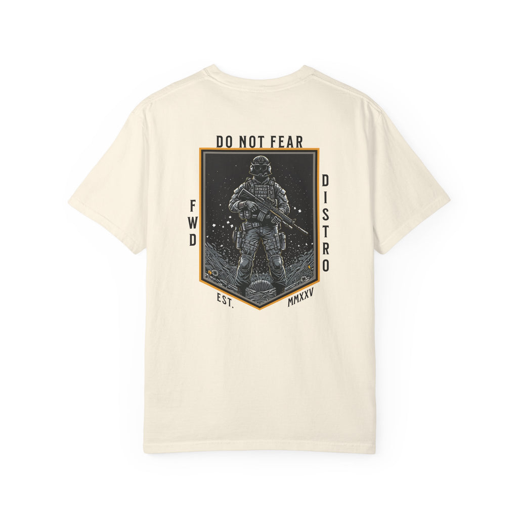 Ivory heavyweight cotton T-shirt with Soldier holding rifle graphic and Do Not Fear text design on back.