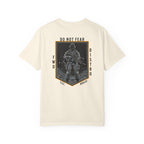 Ivory heavyweight cotton T-shirt with Soldier holding rifle graphic and Do Not Fear text design on back.
