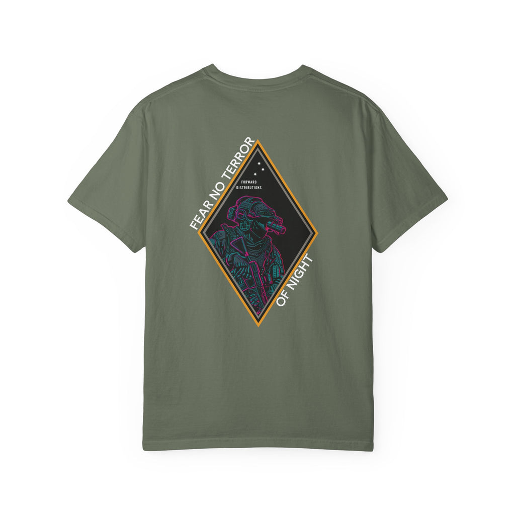 Moss heavyweight cotton t-shirt with neon-style graphic and "Fear No Terror of Night" text design on back.