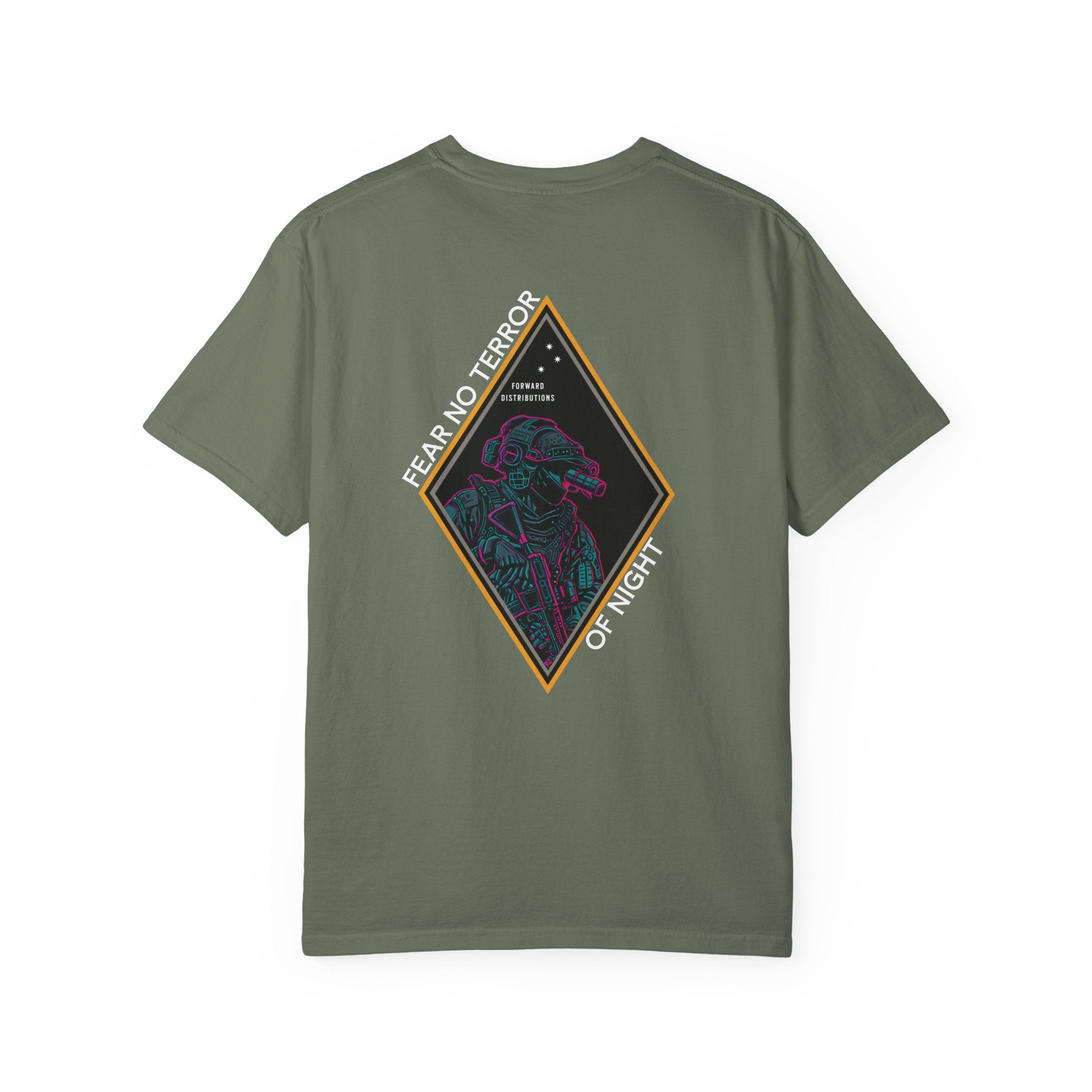 Moss heavyweight cotton t-shirt with neon-style graphic and "Fear No Terror of Night" text design on back.