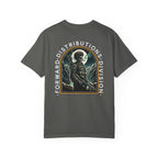 Pepper heavyweight cotton T-shirt with graphic of soldier holding rifle under full moon and text Forward Distributions Division.