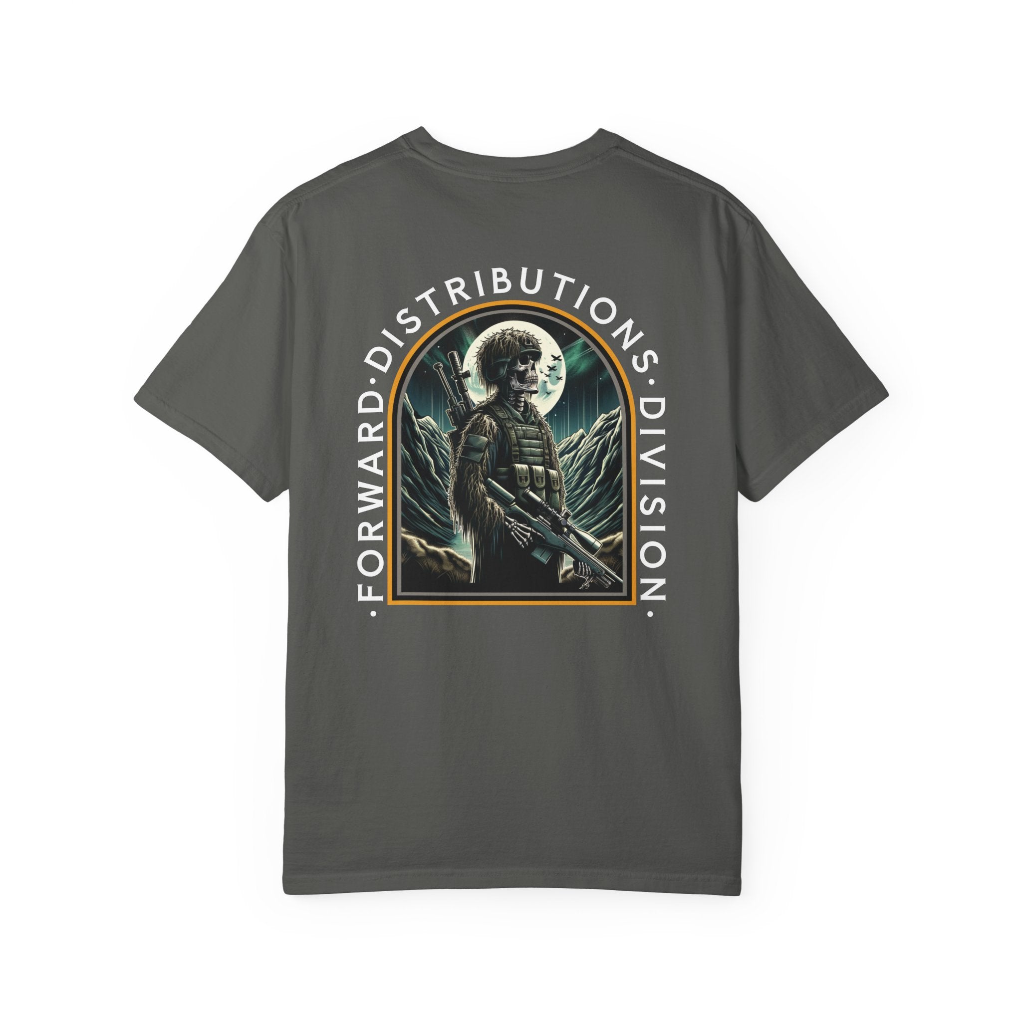 Pepper heavyweight cotton T-shirt with graphic of soldier holding rifle under full moon and text Forward Distributions Division.