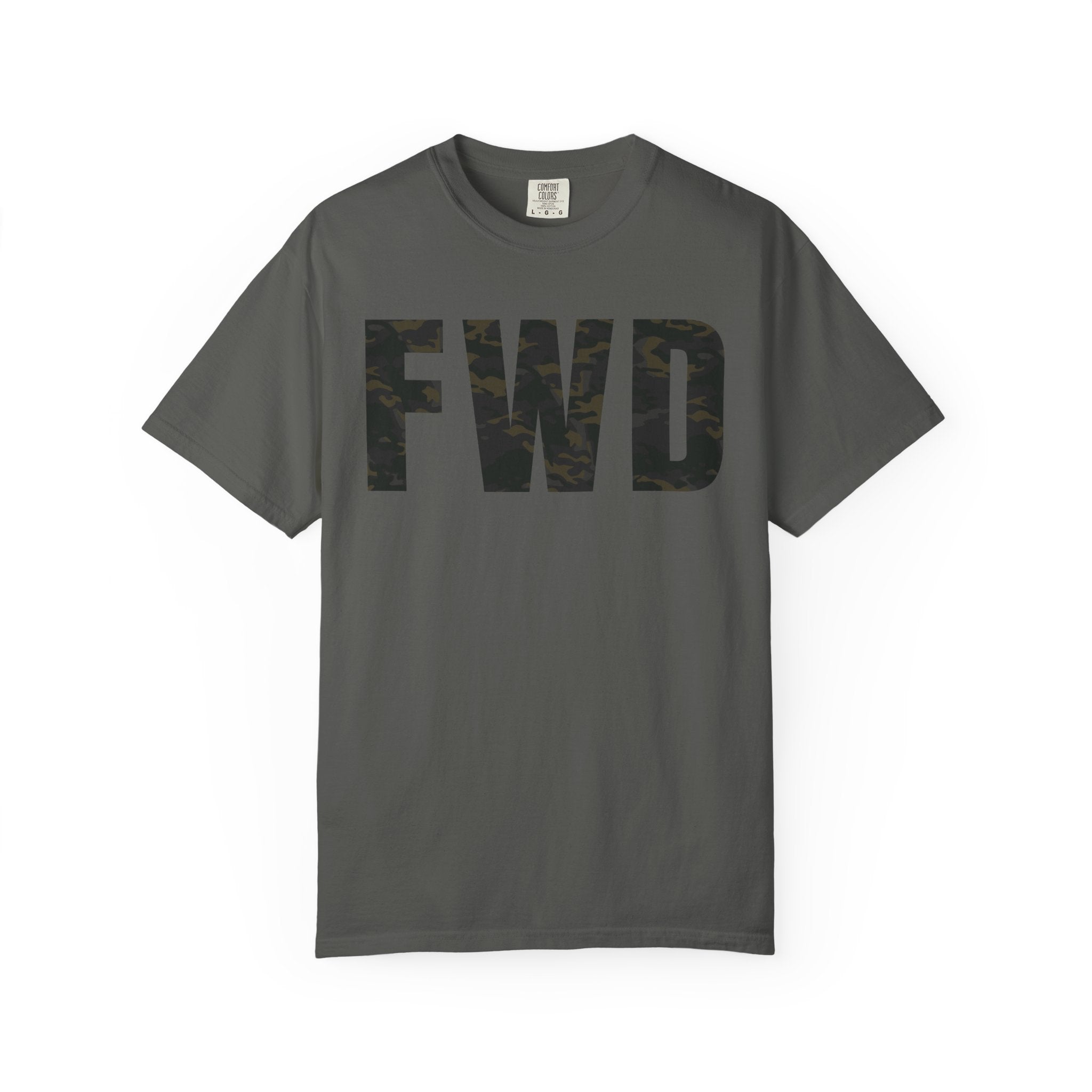 Pepper heavyweight cotton t-shirt with multicam camo "FWD" text, relaxed fit and rib collar, garment-dyed finish.