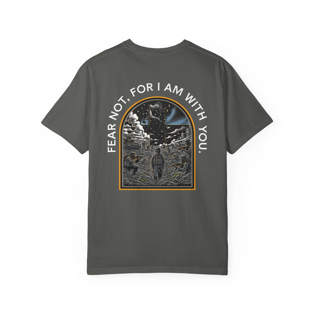 Pepper t-shirt with a Christian-themed graphic and the text "Fear Not, For I Am With You" on the back.