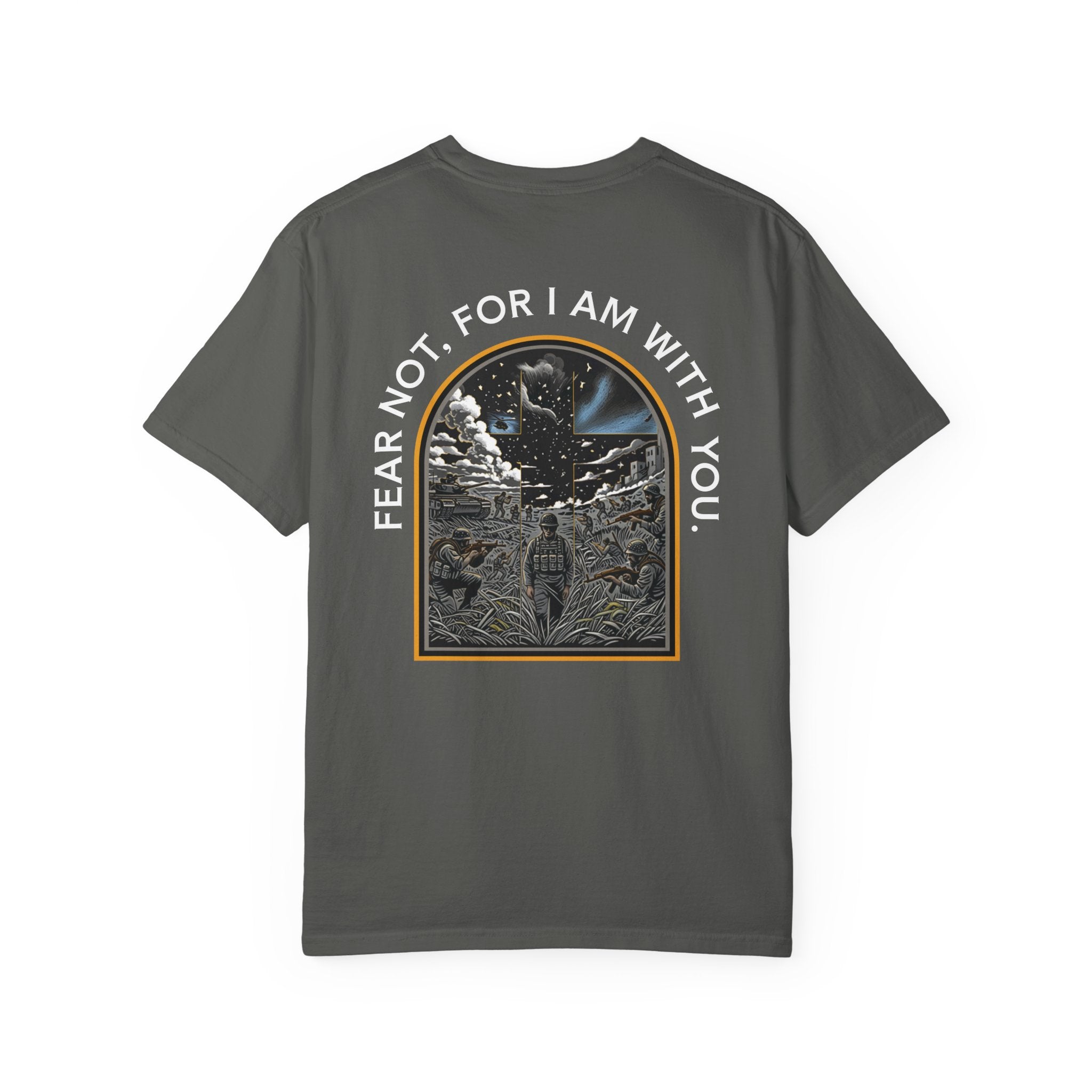 Pepper t-shirt with a Christian-themed graphic and the text "Fear Not, For I Am With You" on the back.