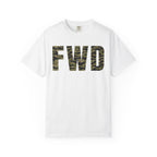 White heavyweight cotton t-shirt with tiger stripe FWD logo printed on the front in classic relaxed fit design.
