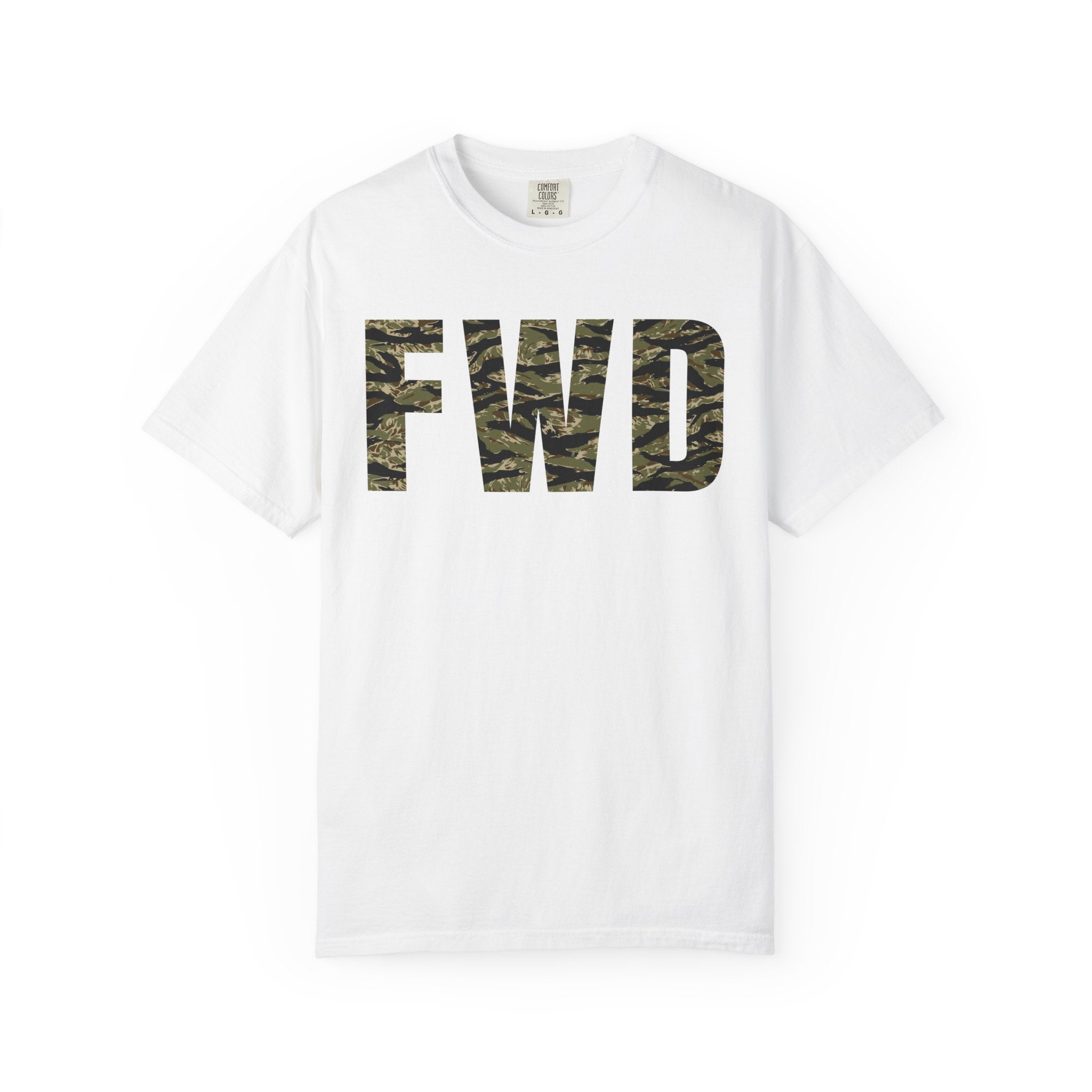 White heavyweight cotton t-shirt with tiger stripe FWD logo printed on the front in classic relaxed fit design.