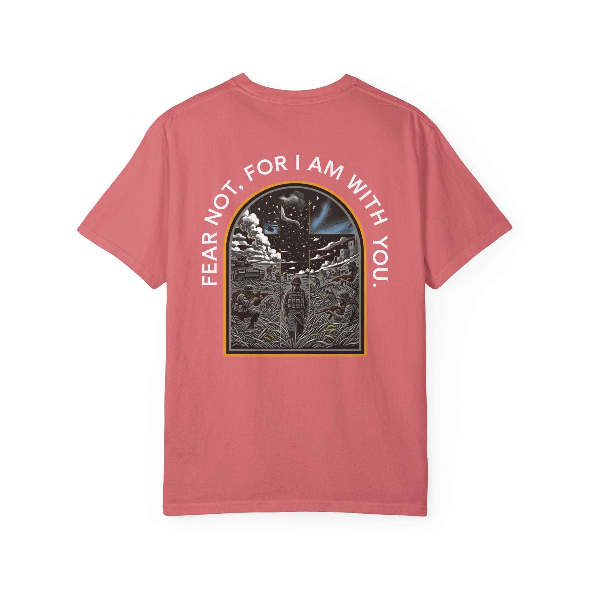 Watermelon t-shirt with a Christian-themed graphic and the text "Fear Not, For I Am With You" on the back.