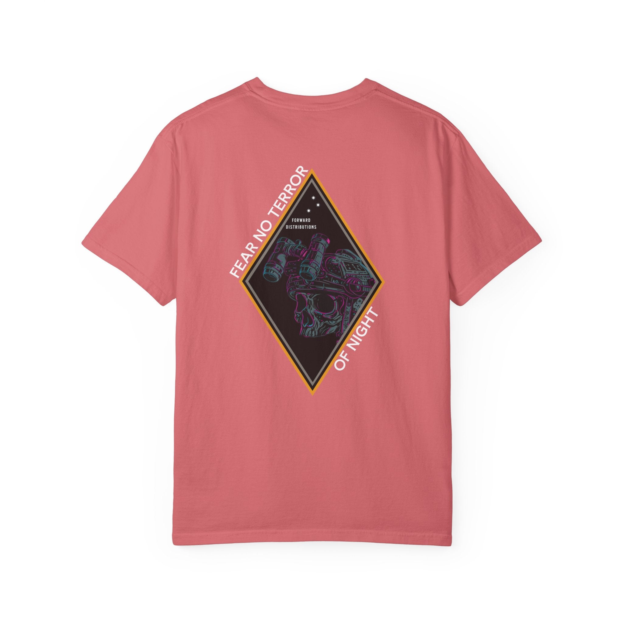 Watermelon heavyweight cotton t-shirt with Fear No Terror of Night graphic featuring skull and night vision goggles design.