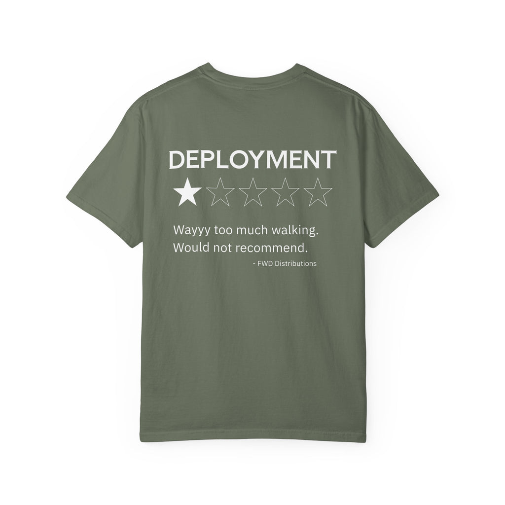 Moss heavyweight cotton t-shirt with a humorous deployment review and one-star rating printed on the back.