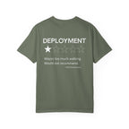 Moss heavyweight cotton t-shirt with a humorous deployment review and one-star rating printed on the back.