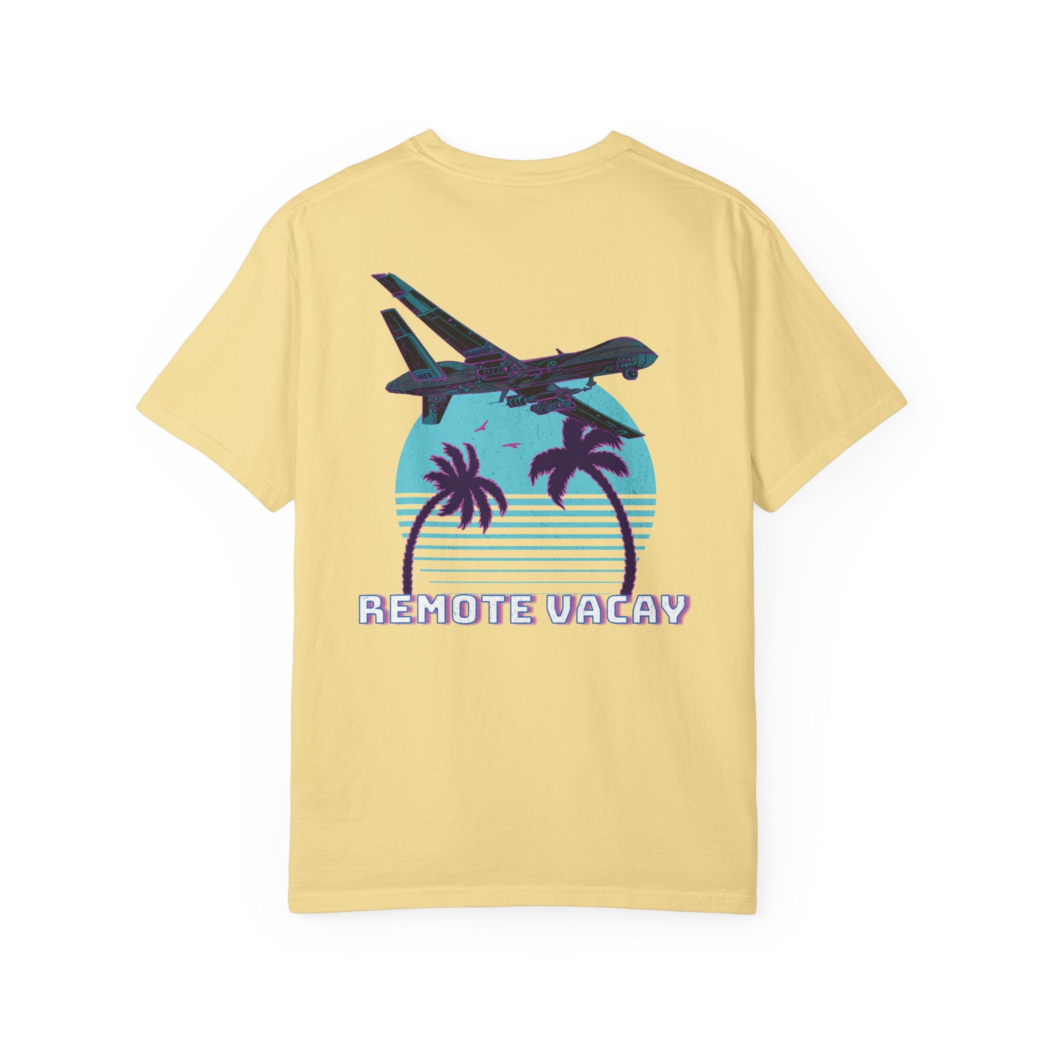 Butter heavyweight cotton t-shirt with retro airplane, palm trees, and "Remote Vacay" text graphic on back.