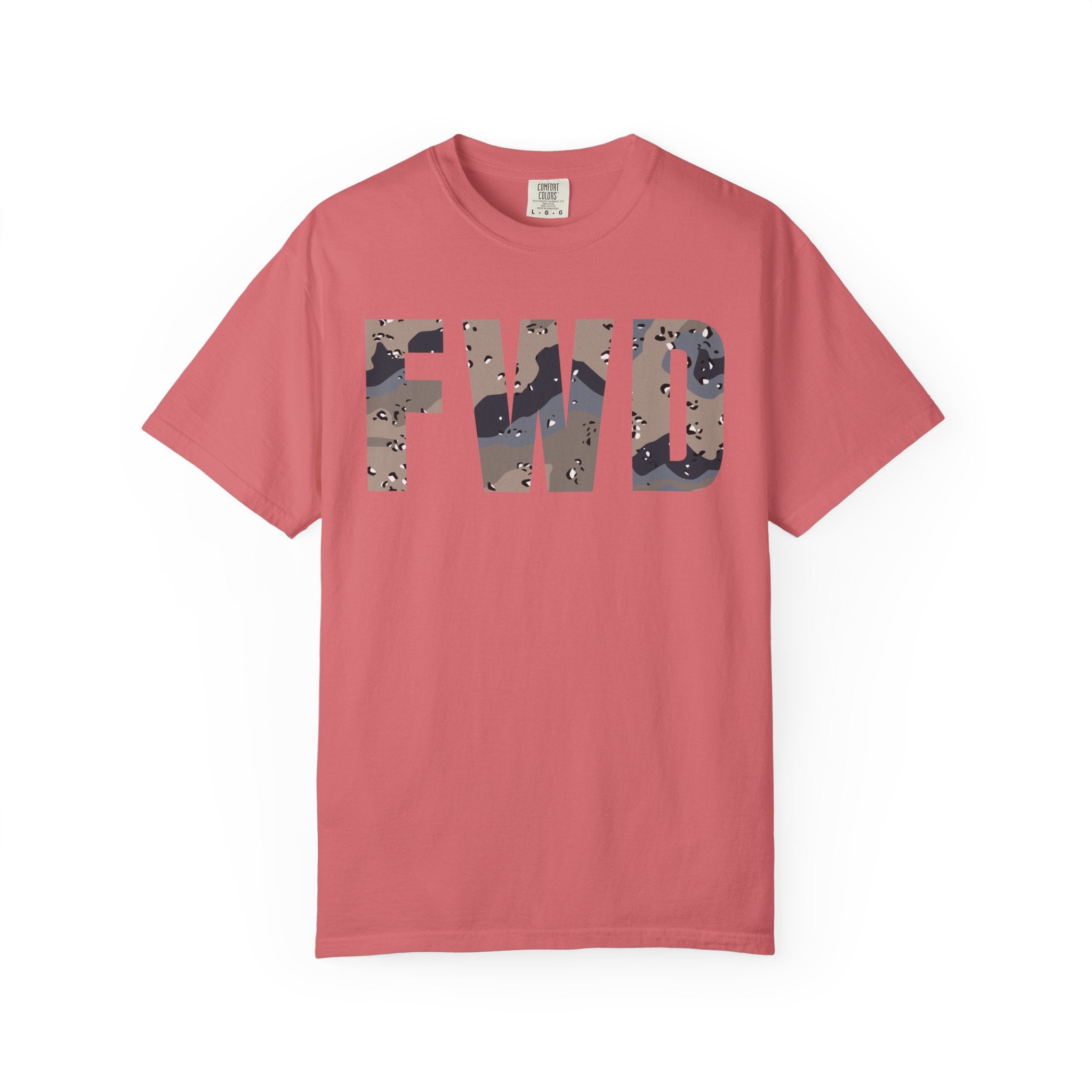 Watermelon heavyweight cotton t-shirt with FWD text in blueberry chip camouflage print, relaxed fit and rib collar.