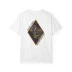 White t-shirt with a Skull graphic design and text on the back.