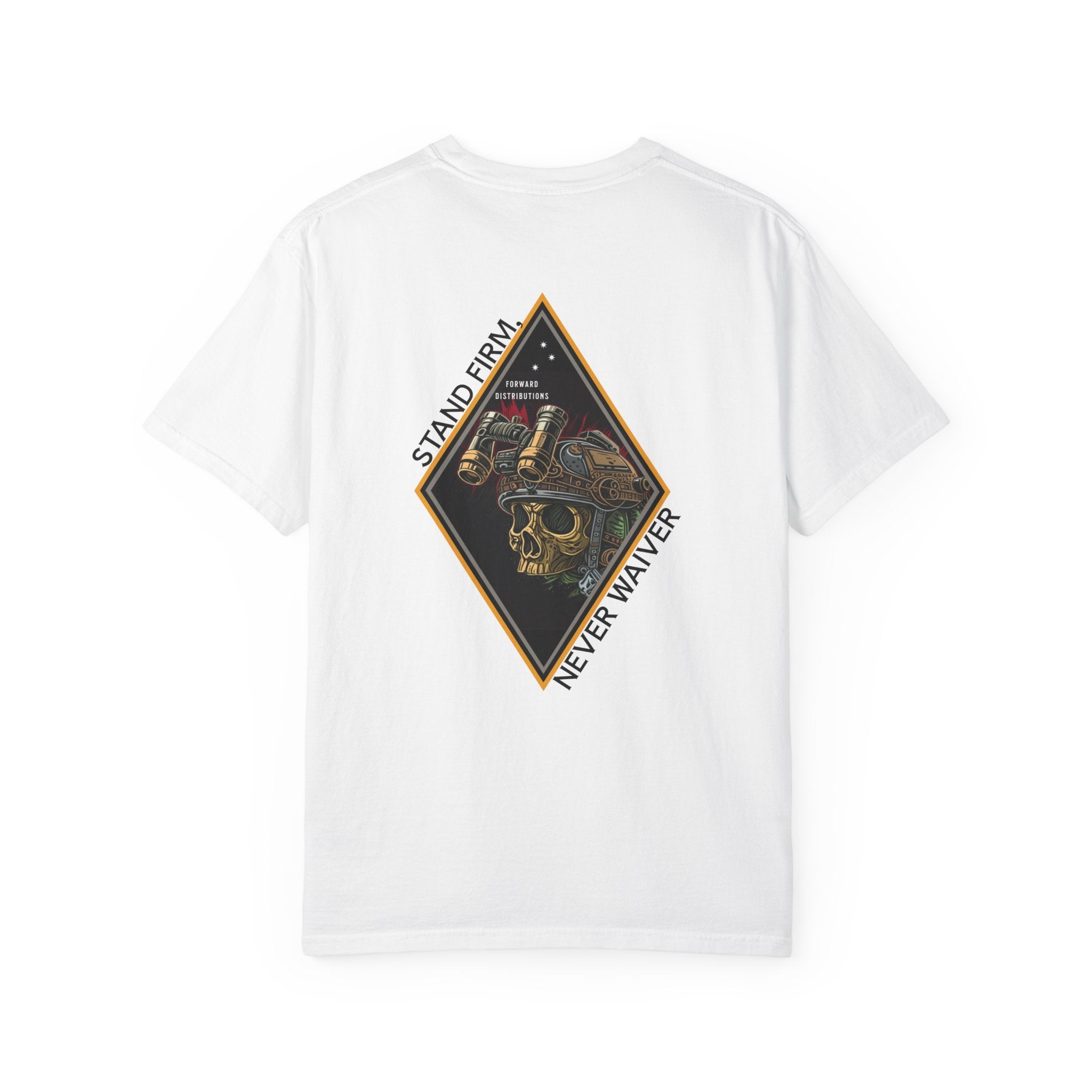 White t-shirt with a Skull graphic design and text on the back.