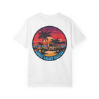 White t-shirt with a sunset beach graphic featuring palm trees, a jeep, and "Last Light Recon" text on the back.