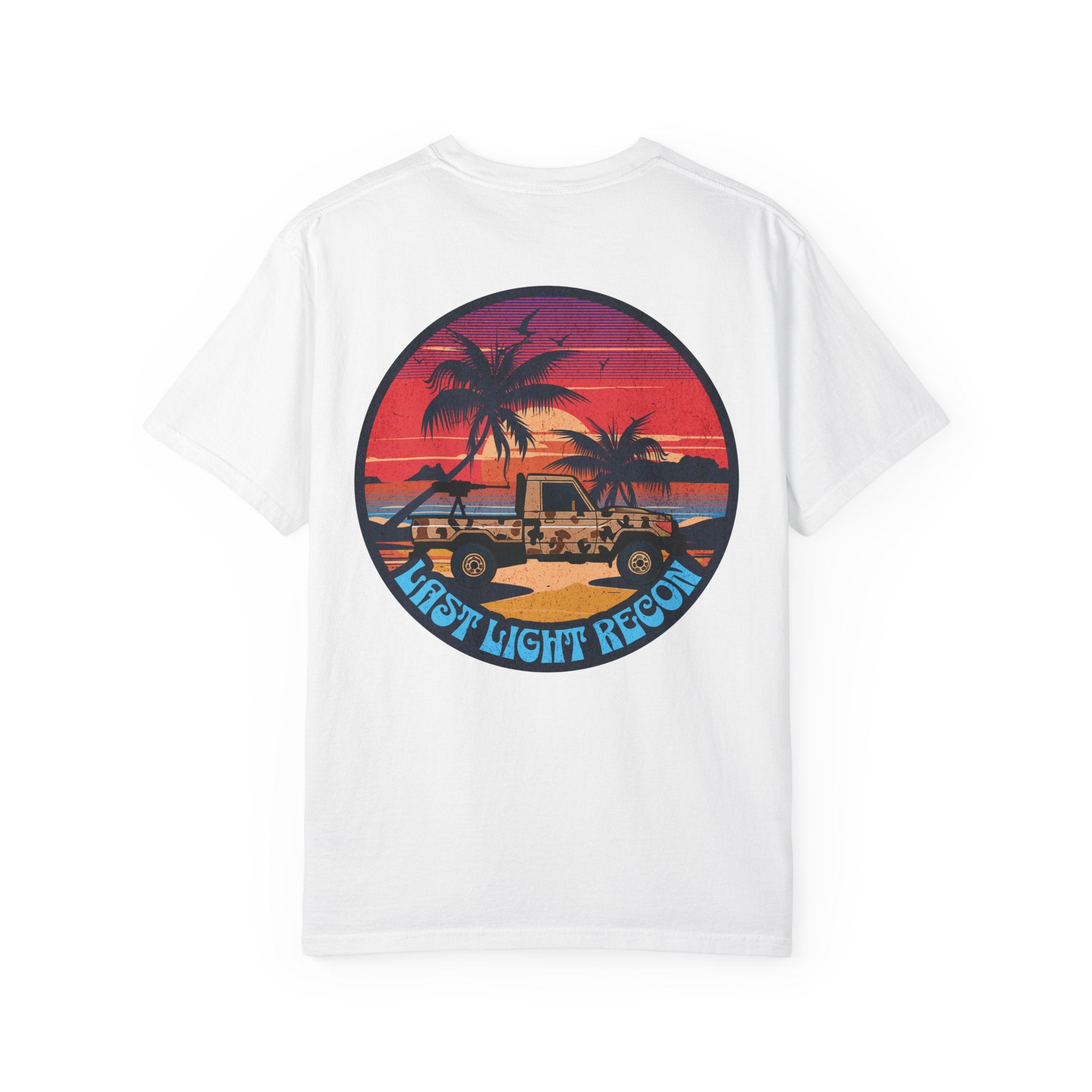 White t-shirt with a sunset beach graphic featuring palm trees, a jeep, and "Last Light Recon" text on the back.