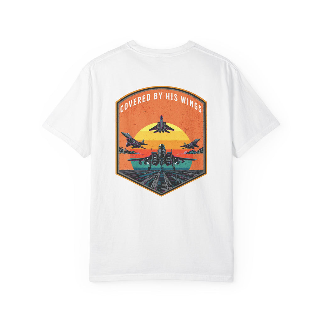 White t-shirt with graphic of fighter jets and sunset text Covered By His Wings on back
