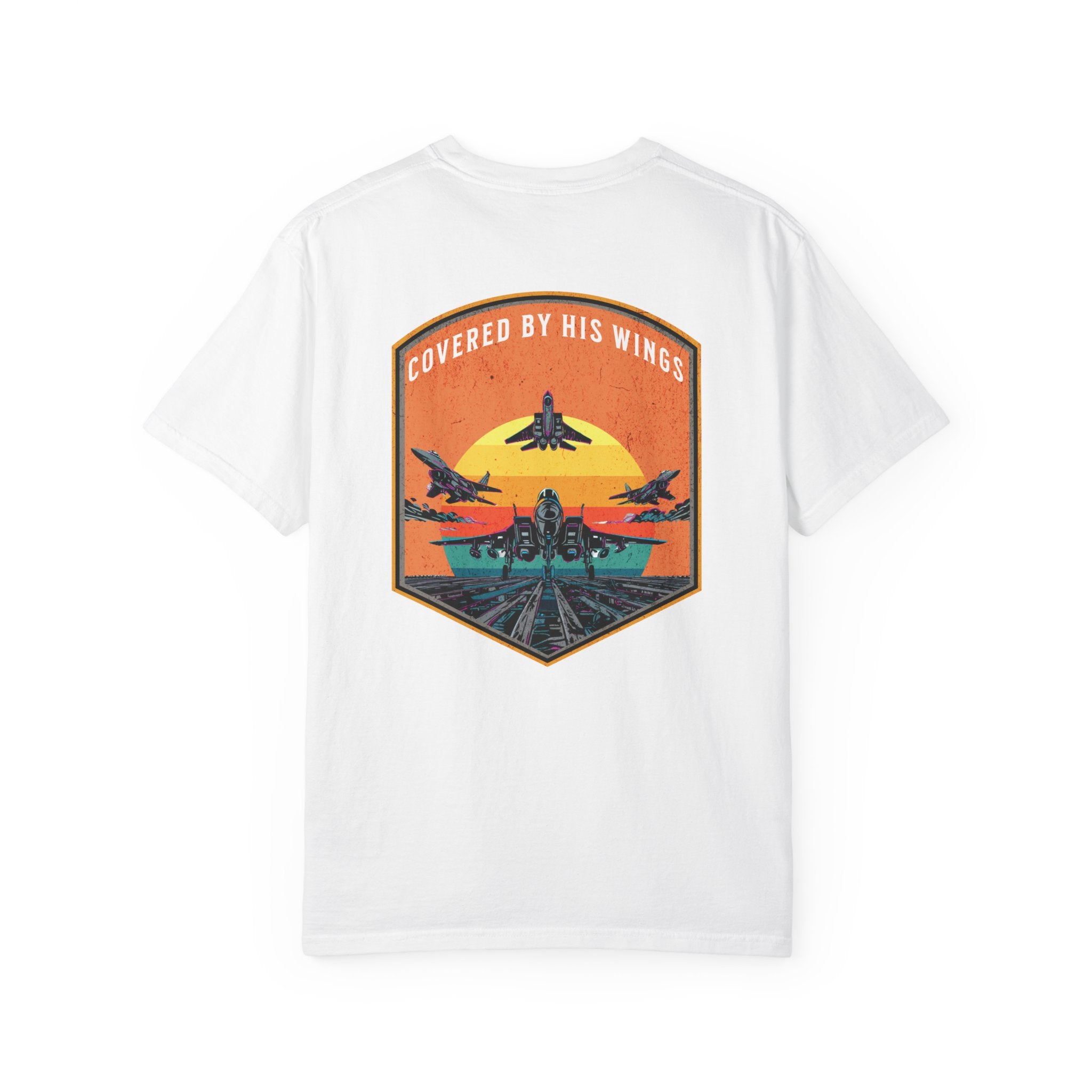 White t-shirt with graphic of fighter jets and sunset text Covered By His Wings on back