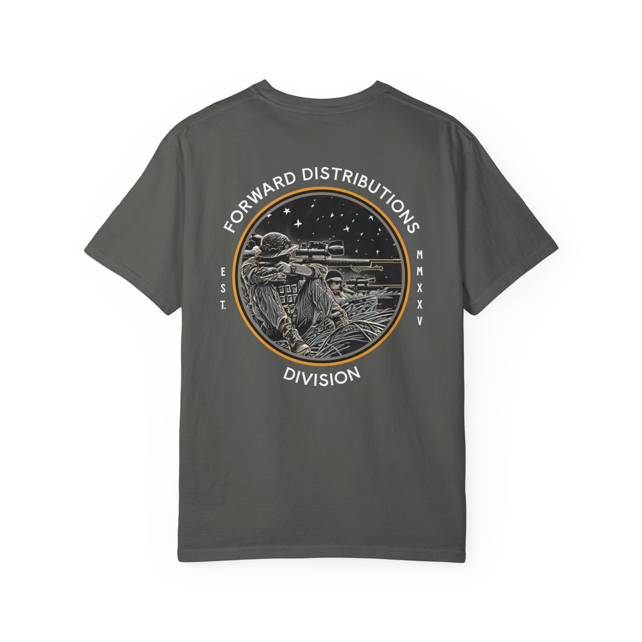 Pepper FDD Circle III t-shirt with soldier sniper graphic and Forward Distributions Division text on back