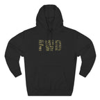 Black hoodie with adjustable hood, kangaroo pocket, and FWD text in Tiger Stripe.