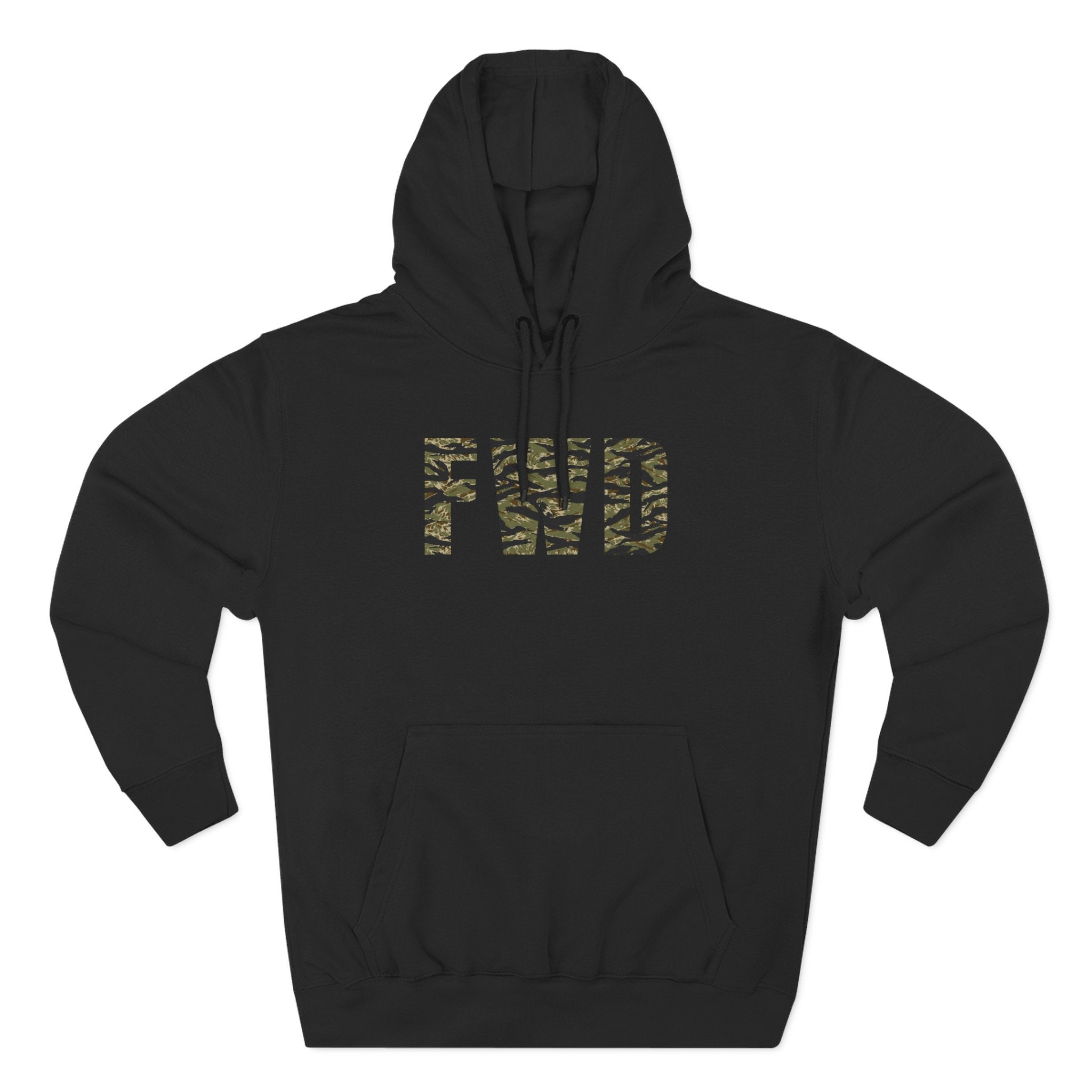 Black hoodie with adjustable hood, kangaroo pocket, and FWD text in Tiger Stripe.