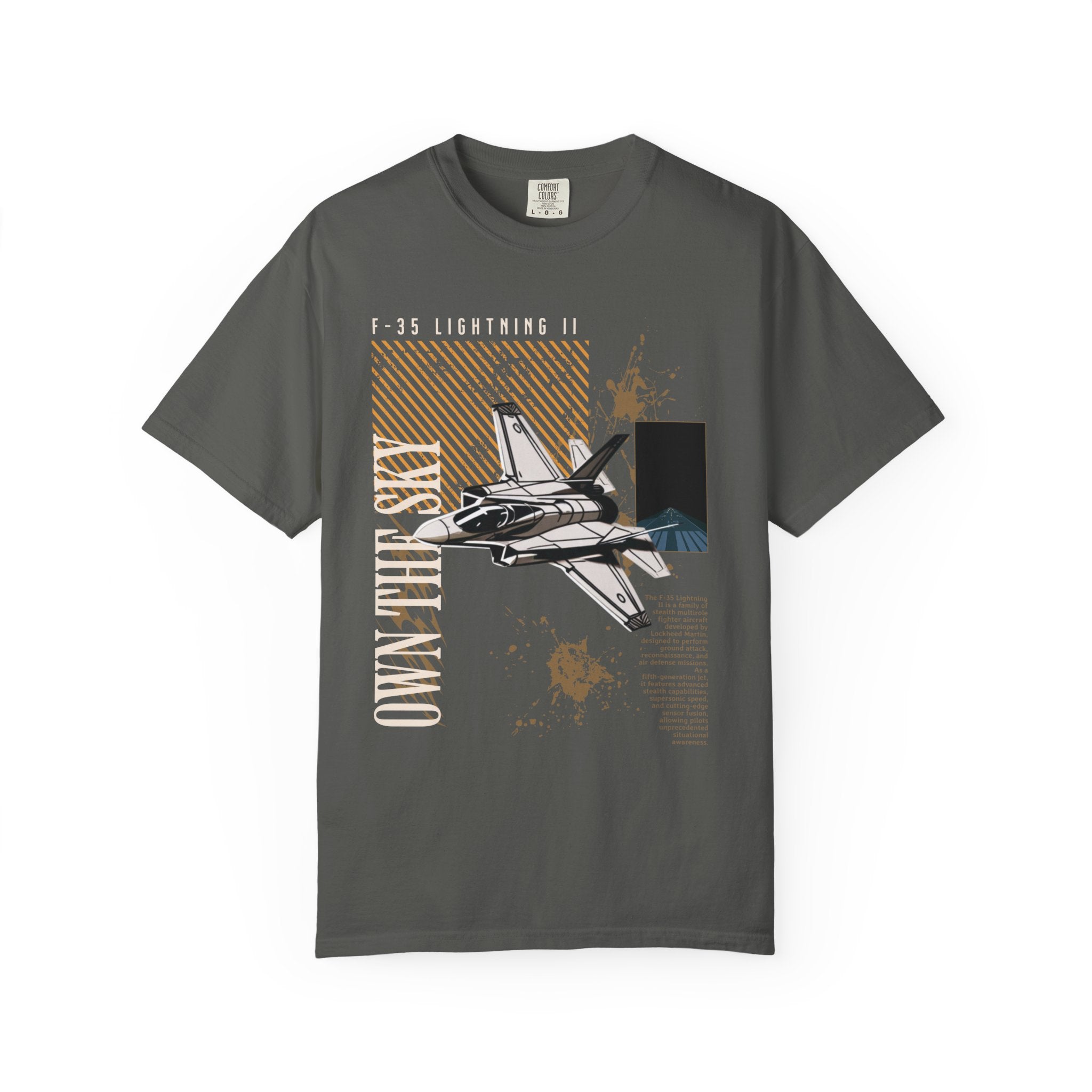 Pepper t-shirt featuring a graphic of an F-35 Lightning II jet with text and abstract design elements.