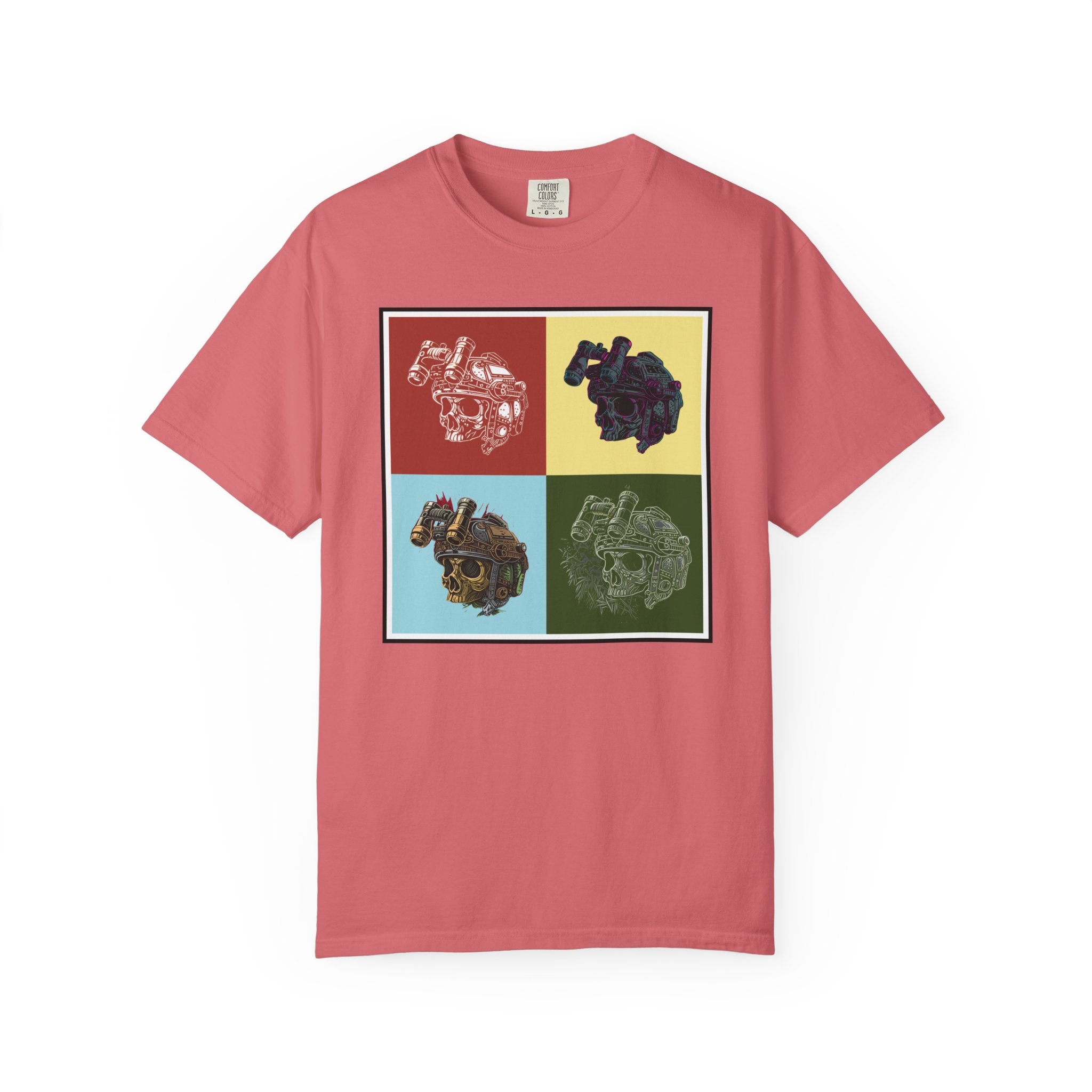 Watermelon Pop ART t-shirt with four colorful pop art style mechanical skull designs on front.
