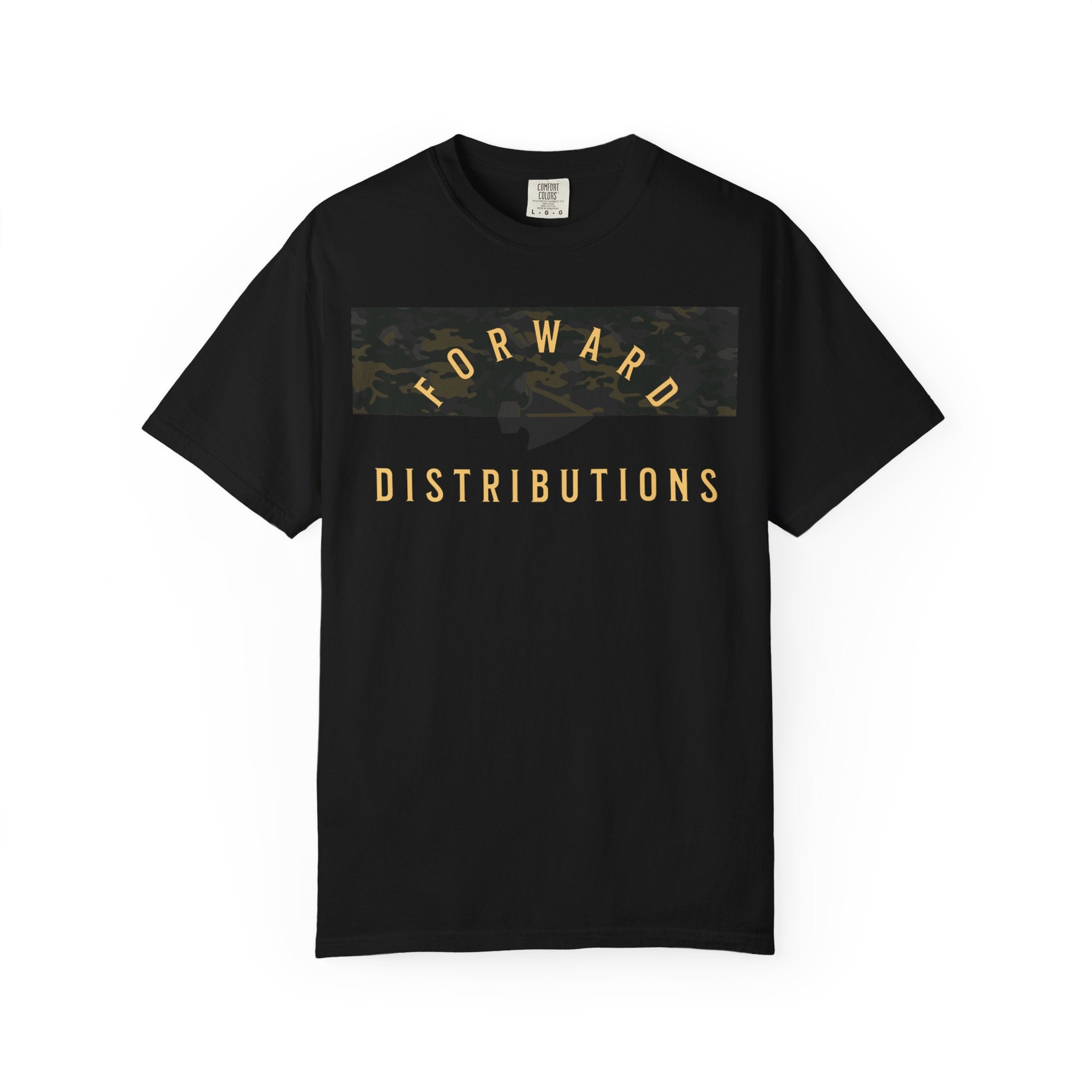 Black Split Camo Multicam t-shirt with Forward Distributions text, heavyweight cotton, relaxed fit, rib collar