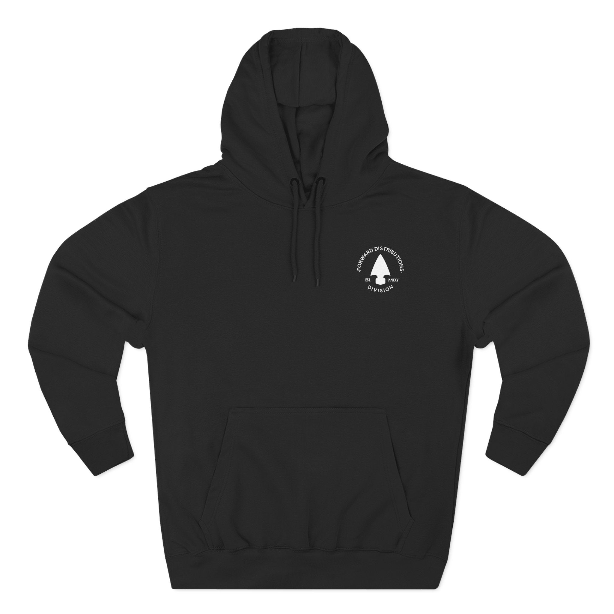 Black hoodie with adjustable hood, front kangaroo pocket, and Forward Distributions Division Signature Logo. 
