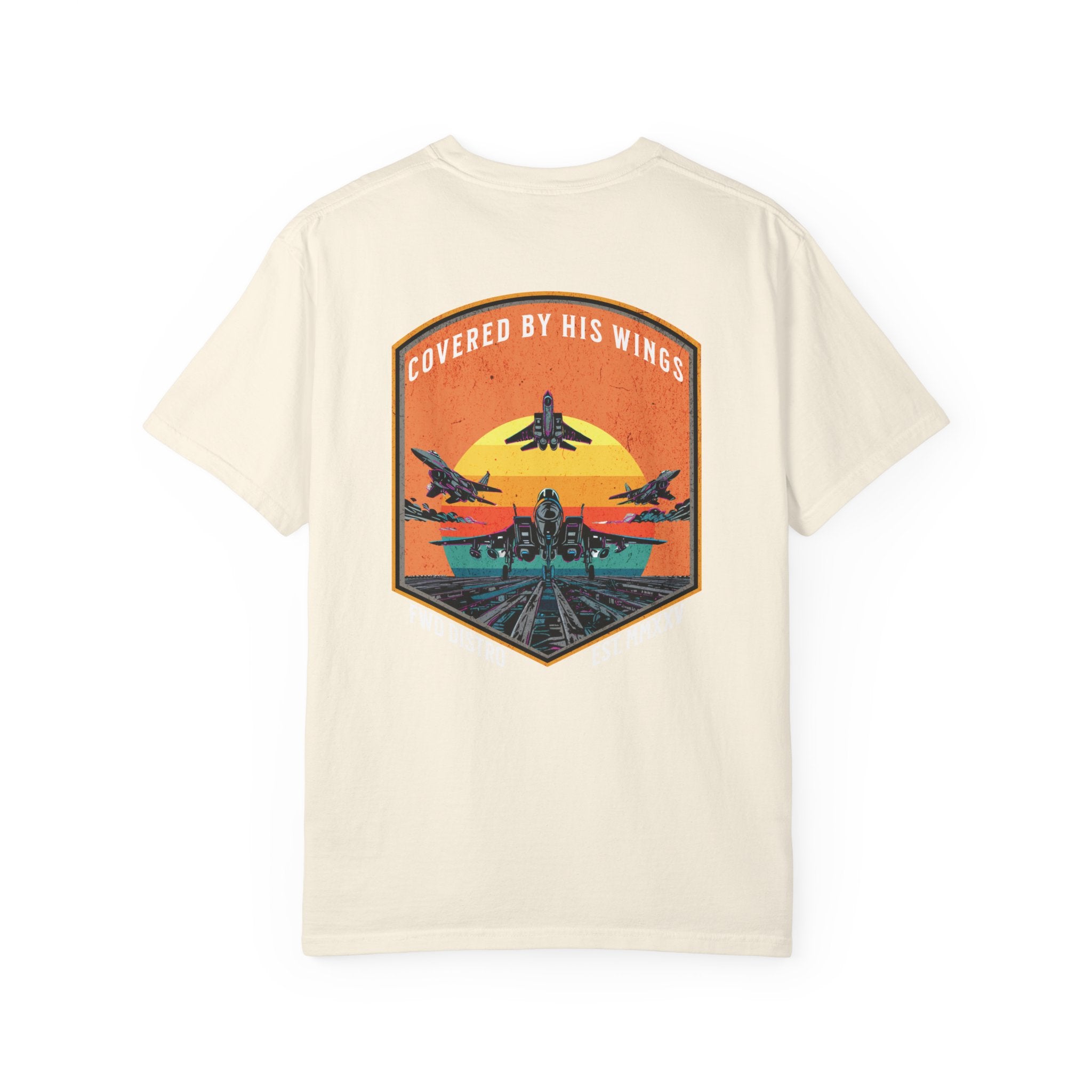 Ivory t-shirt with graphic of fighter jets and sunset text Covered By His Wings on back