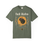 Moss heavyweight cotton t-shirt with FWD Distro Division graphic and vintage emblem design on front.