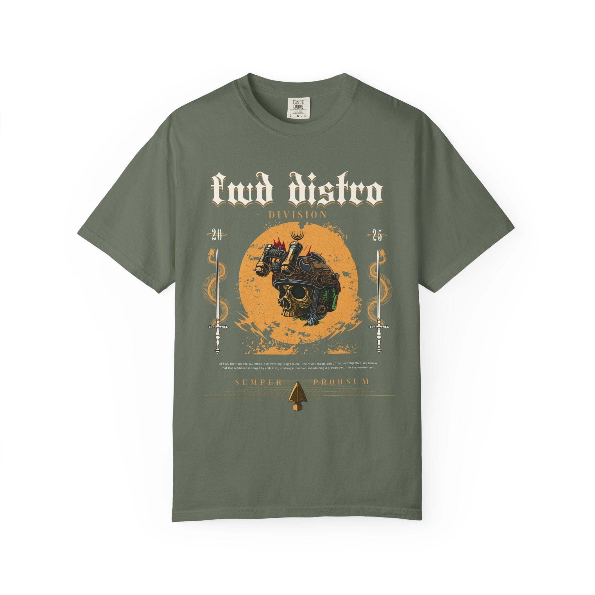 Moss heavyweight cotton t-shirt with FWD Distro Division graphic and vintage emblem design on front.