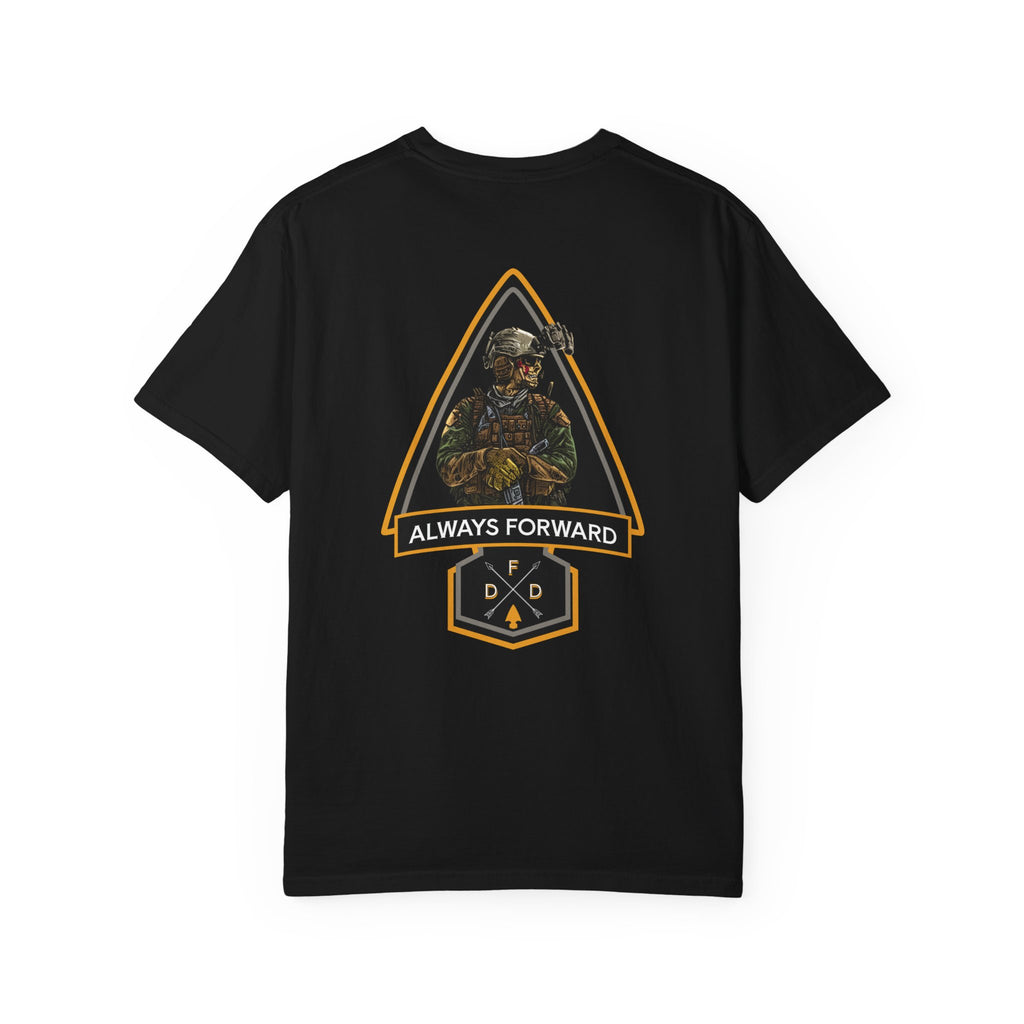 Black FDD Arrow t-shirt with soldier graphic and "Always Forward" text on back, heavyweight cotton, relaxed fit.