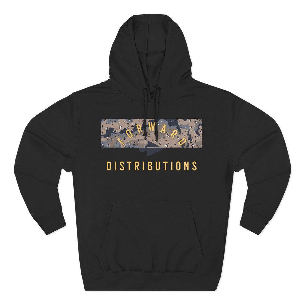 Black hoodie with adjustable hood, kangaroo pocket, and camo design featuring the word Forward Distributions