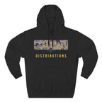 Black hoodie with adjustable hood, kangaroo pocket, and camo design featuring the word Forward Distributions
