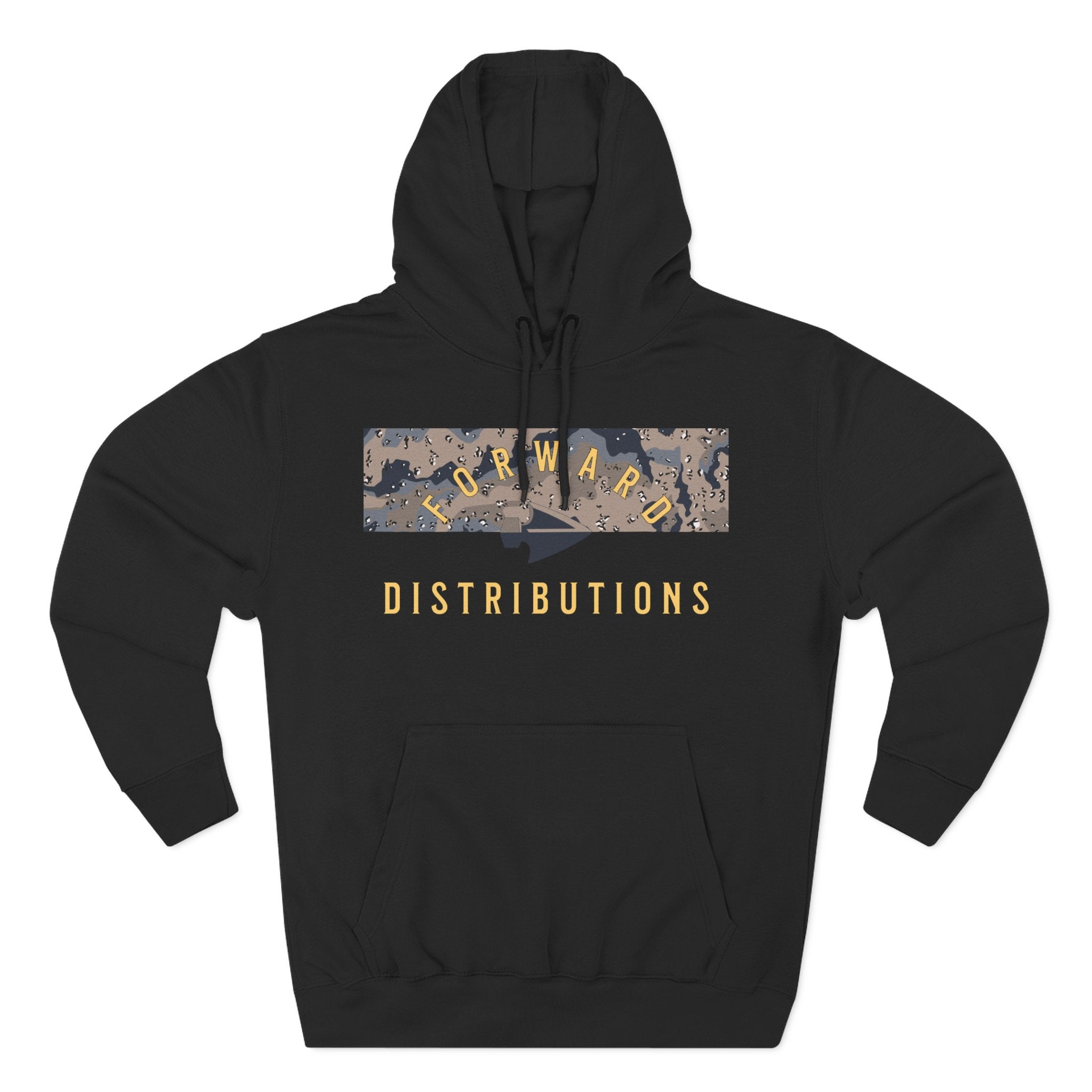 Black hoodie with adjustable hood, kangaroo pocket, and camo design featuring the word Forward Distributions