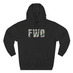 Black hoodie with adjustable hood, kangaroo pocket, and FWD text in Polar Choc Chip.
