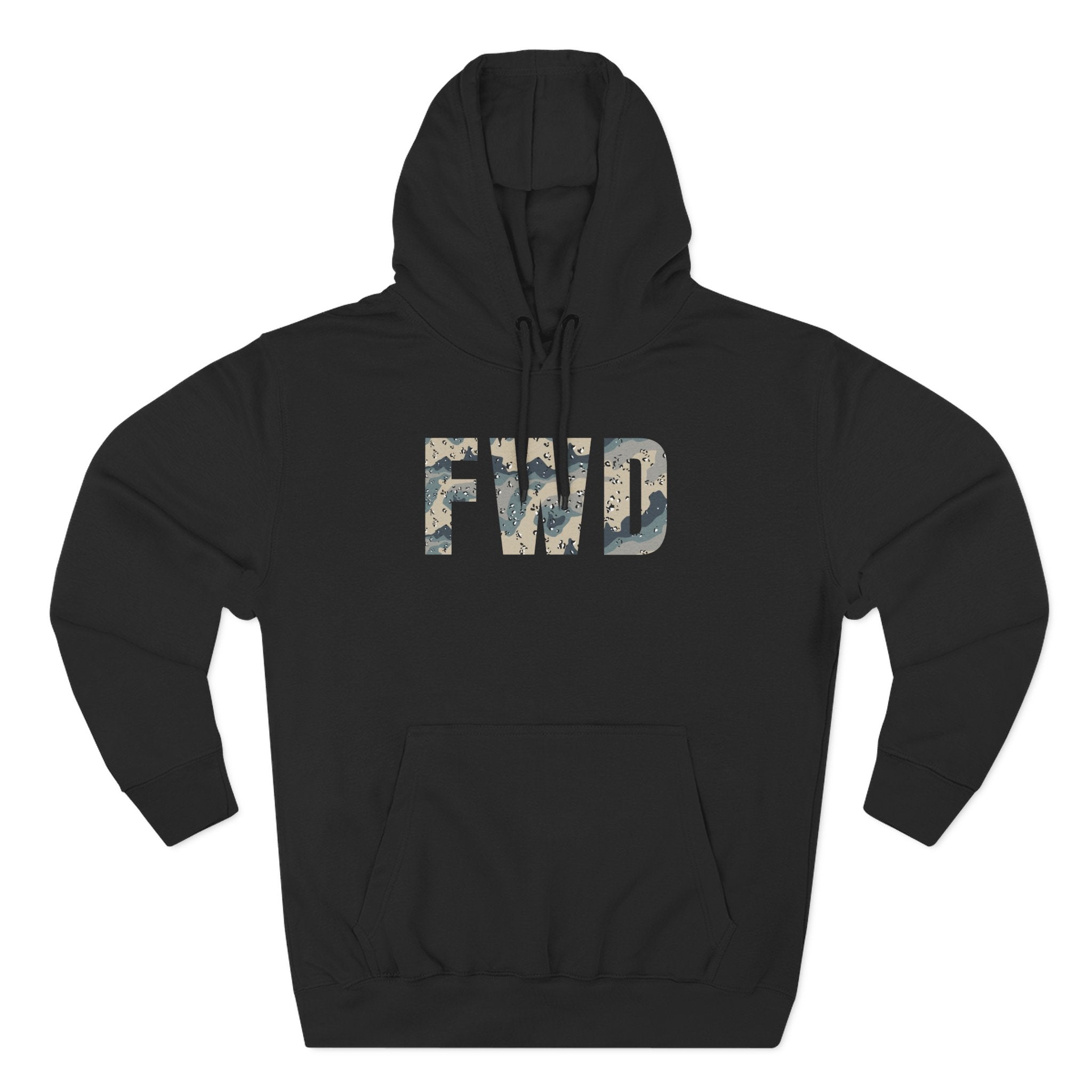 Black hoodie with adjustable hood, kangaroo pocket, and FWD text in Polar Choc Chip.