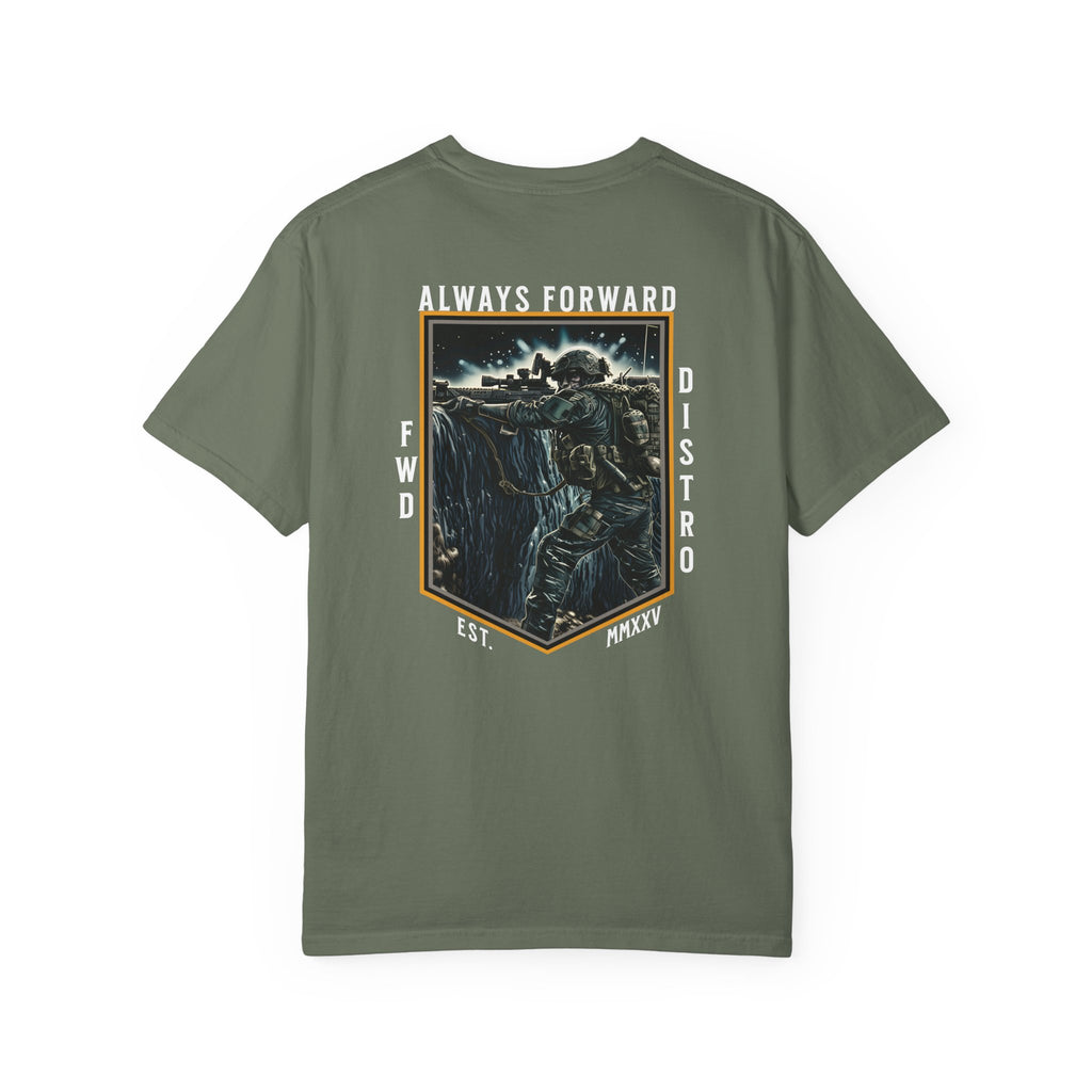 Moss heavyweight cotton t-shirt with detailed graphic of soldier shooting over bunker and text Always Forward.