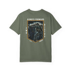 Moss heavyweight cotton t-shirt with detailed graphic of soldier shooting over bunker and text Always Forward.