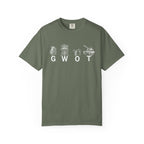 Moss GWOT t-shirt with white military-themed graphics and heavyweight 100% ring spun cotton fabric
