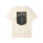 Ivory heavyweight cotton t-shirt with detailed graphic of soldier shooting over bunker and text Always Forward.