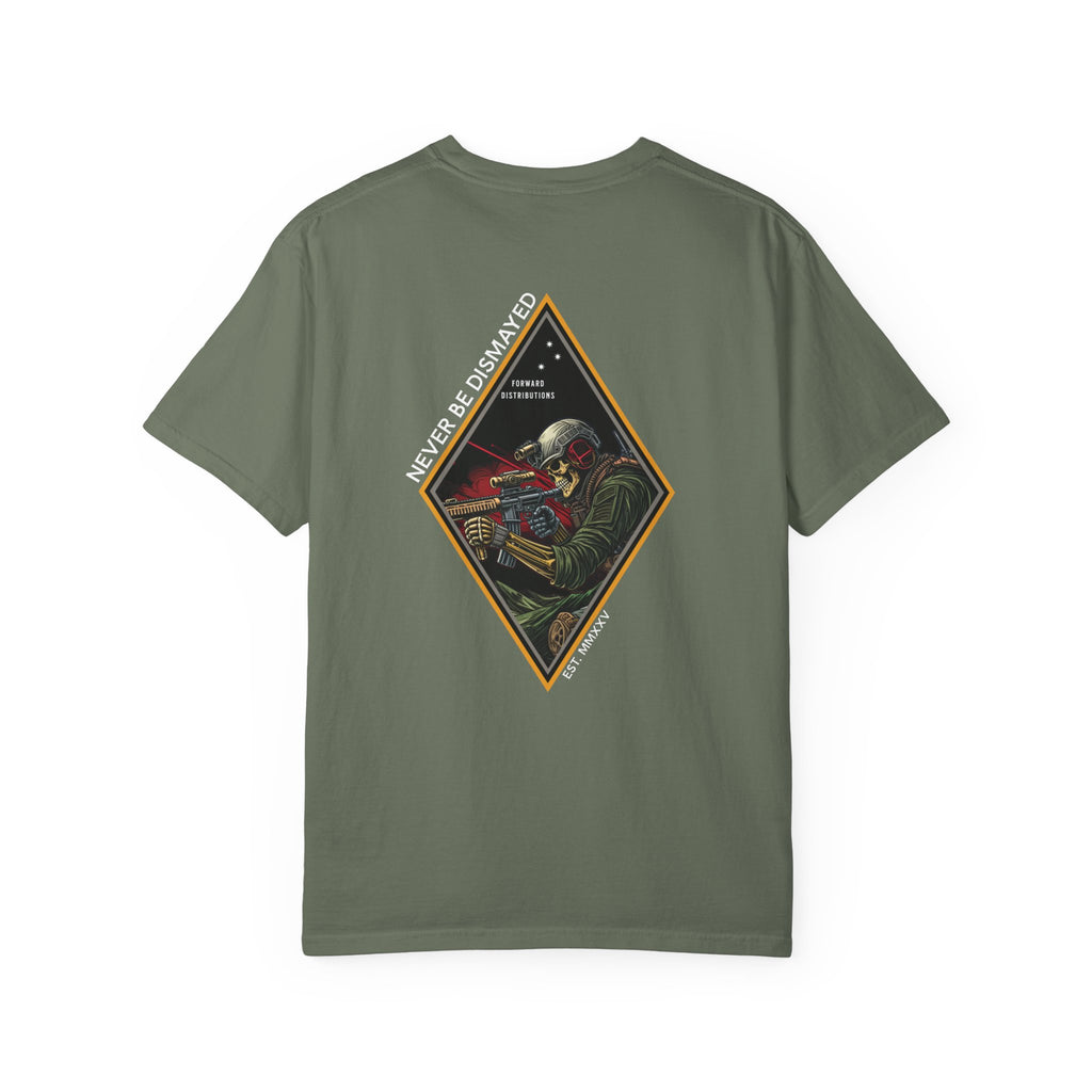 Moss t-shirt with a diamond graphic with a skull soilder with the text Never Be Dismayed