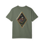 Moss t-shirt with a diamond graphic with a skull soilder with the text Never Be Dismayed