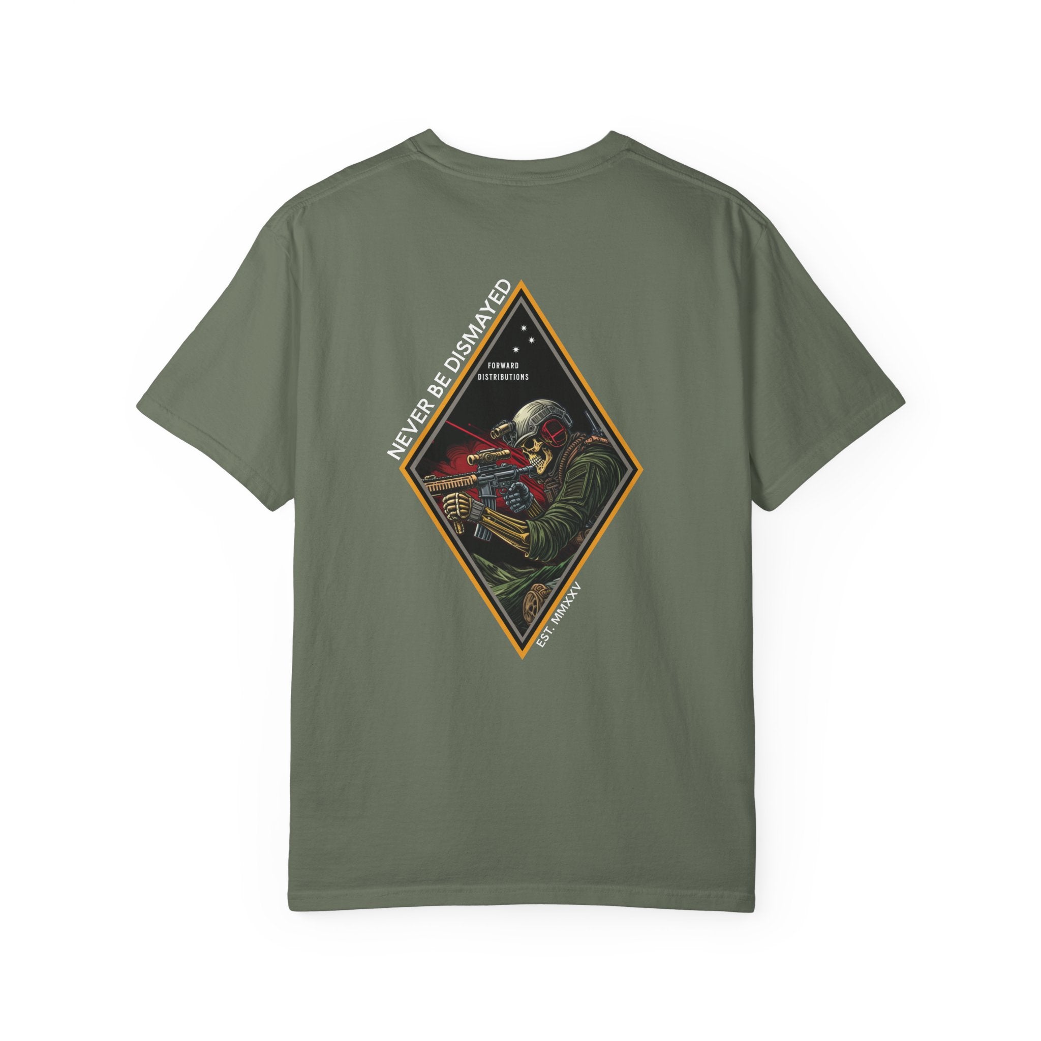 Moss t-shirt with a diamond graphic with a skull soilder with the text Never Be Dismayed