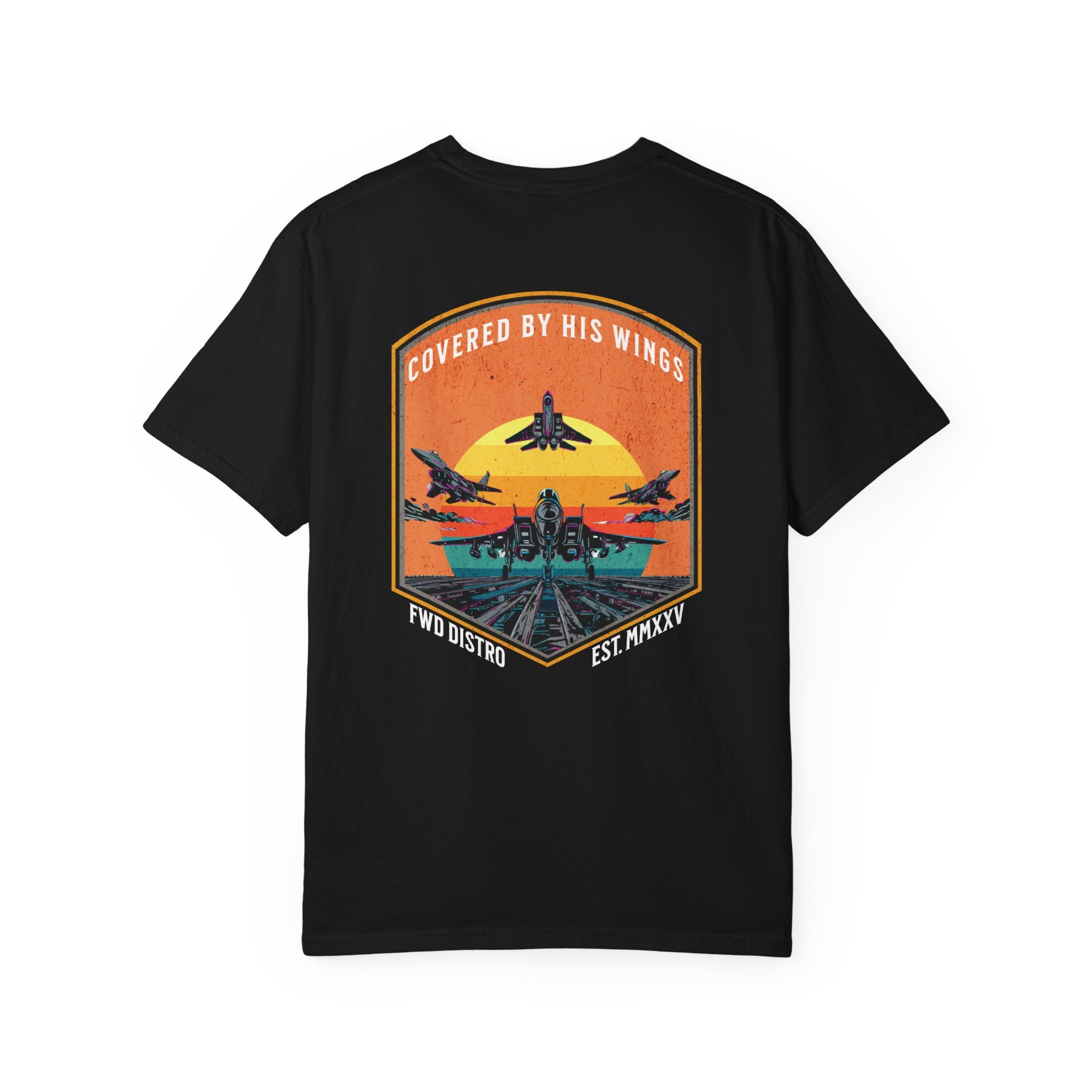 Black t-shirt with graphic of fighter jets and sunset text Covered By His Wings on back