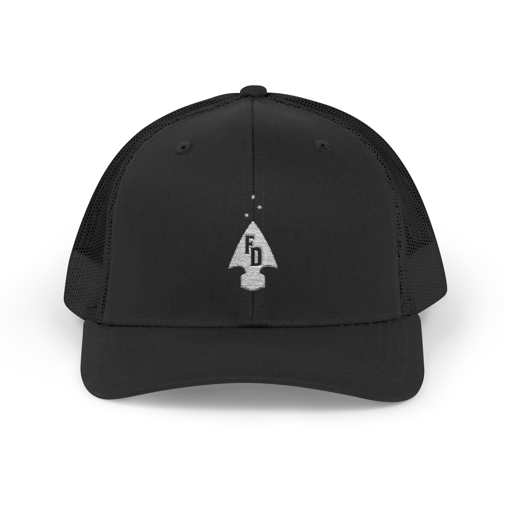 Black FD Arrow Logo snapback hat with breathable mesh back and adjustable snap closure
